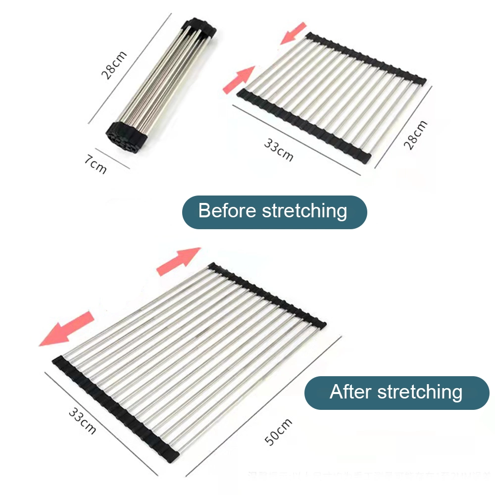 Hot Folding Dish Drying Rack Silicone & Stainless Steel Roll up Kitchen Gadget Tool Supply Rust-Free Dish Drying Rack