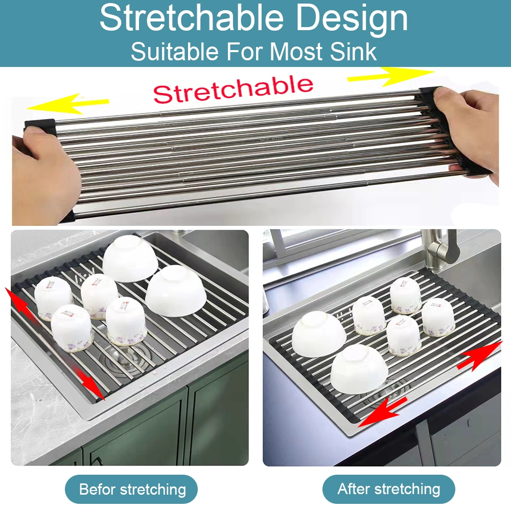 Hot Folding Dish Drying Rack Silicone & Stainless Steel Roll up Kitchen Gadget Tool Supply Rust-Free Dish Drying Rack