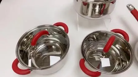 赤いシリコンハンドルステンレス鋼調理鍋キッチン用品鍋とフライパンセット調理器具セット